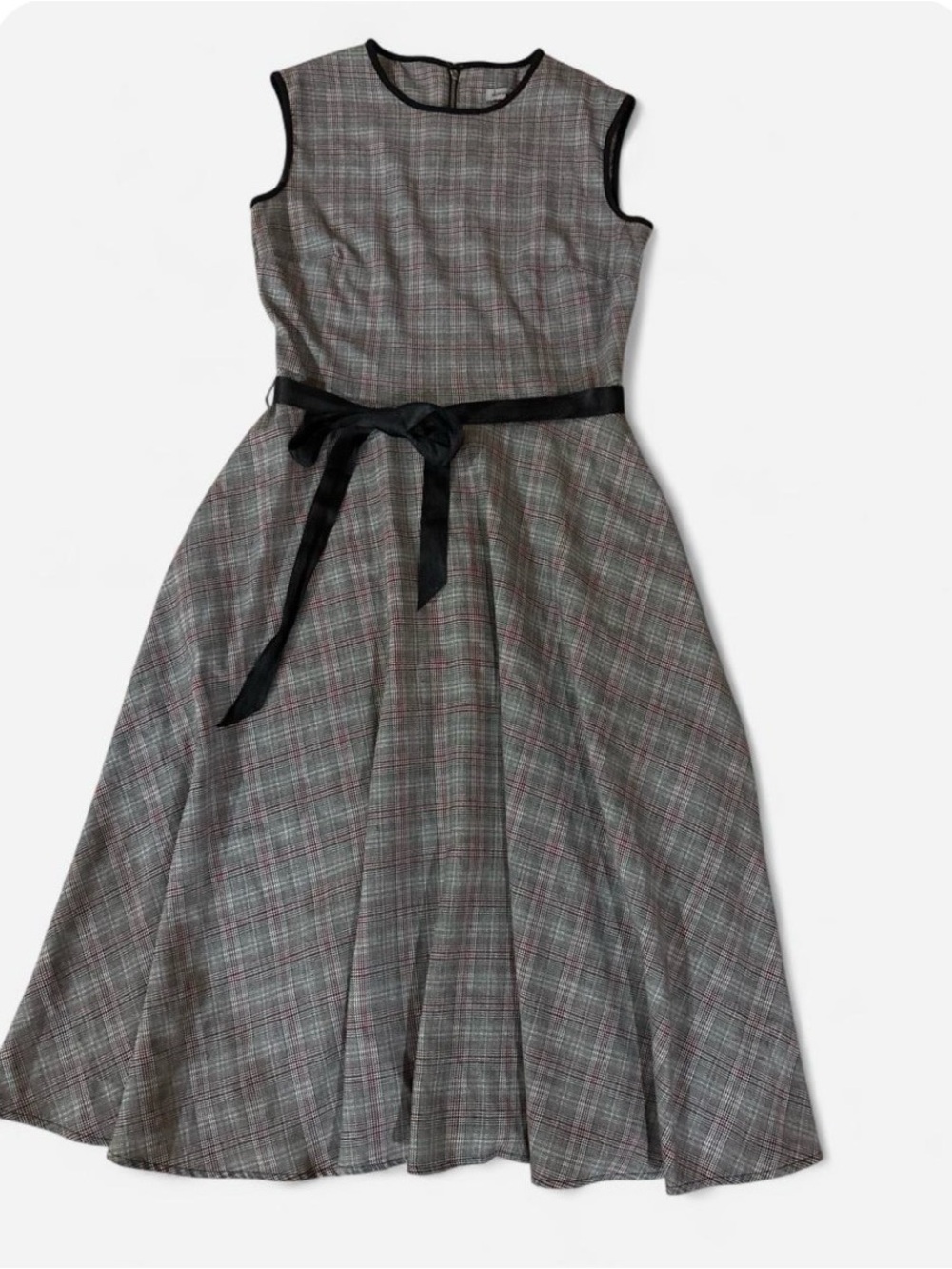 Danny & Nicole Gray Plaid A-Line Dress with Black Trim and Sash